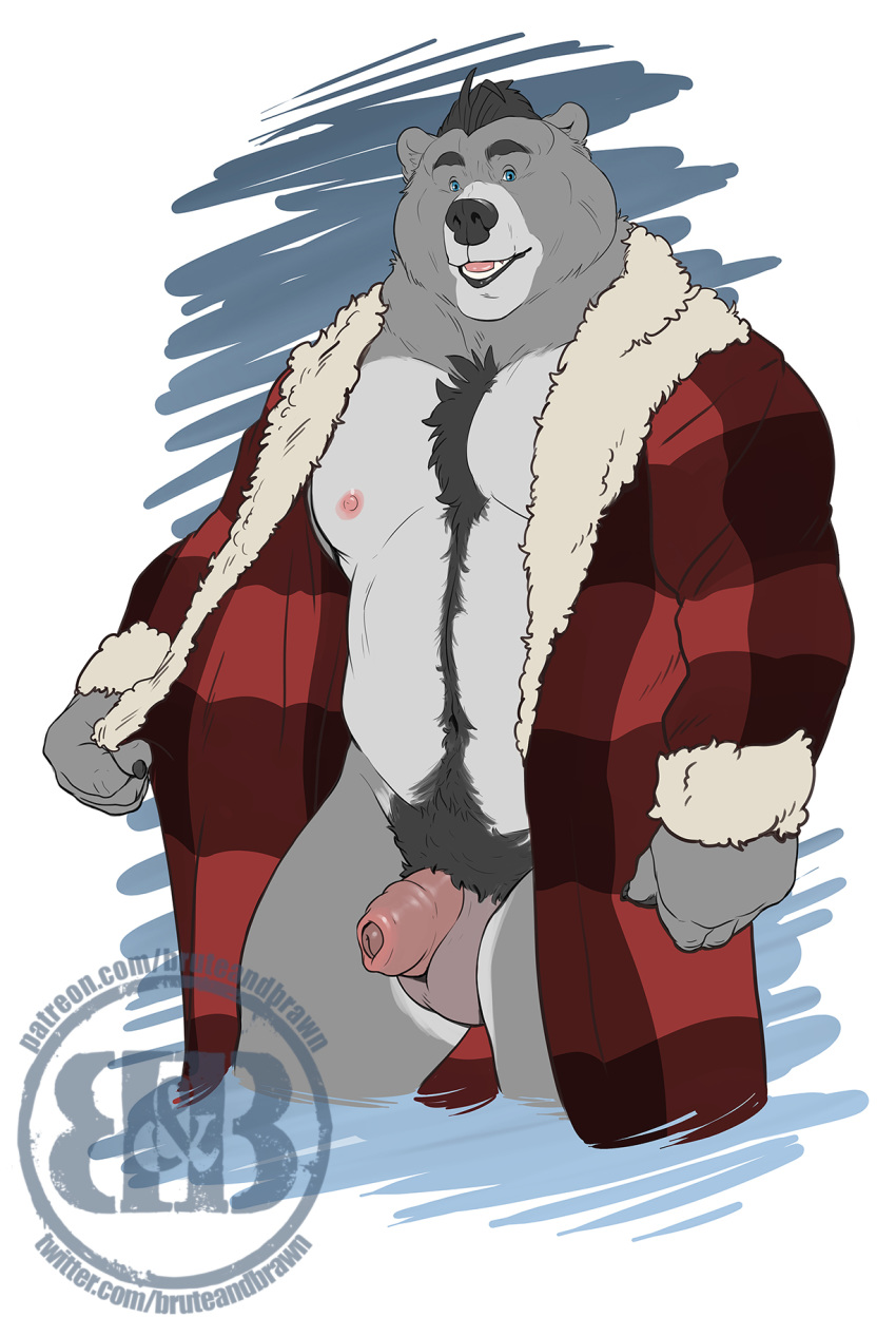 2020 anthro asher_(bruteandbrawn) balls barazoku belly black_hair black_nose black_pubes blue_eyes body_hair bottomless bruteandbrawn clothed clothing digital_media_(artwork) eyebrows fingers flaccid foreskin front_view fur genitals glans grey_body grey_fur grin hair happy_trail hi_res humanoid_genitalia humanoid_penis jacket looking_at_viewer male mammal multicolored_body multicolored_fur musclegut navel nipples open_mouth pecs penis pinup plaid pose pubes red_clothing red_jacket red_topwear simple_background slightly_chubby smile solo standing topwear two_tone_body two_tone_fur uncut unretracted_foreskin urethra ursid watermark