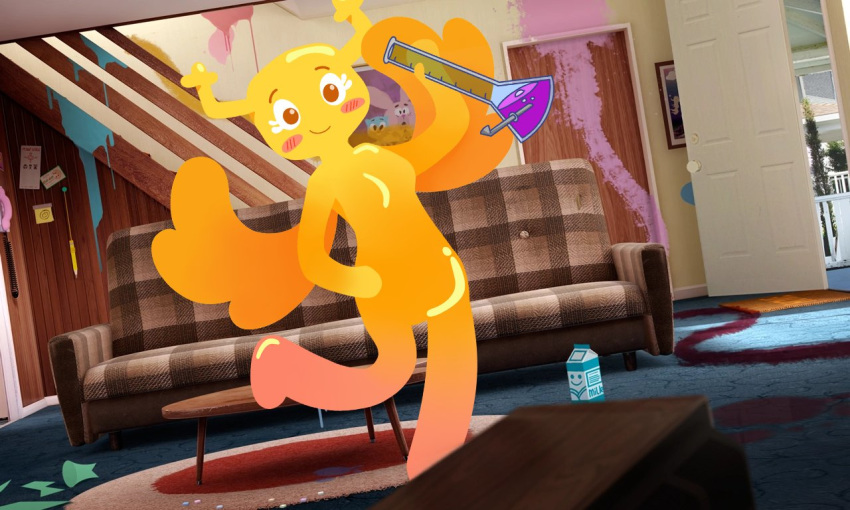 5:3 anthro big_breasts blush bong breasts cartoon_network drugs female hand_on_hip holding_object horn humanoid humor inside jixixx looking_at_viewer mammal nude orange_eyes penny_fitzgerald raised_leg red_eyes smile the_amazing_world_of_gumball wings yellow_body