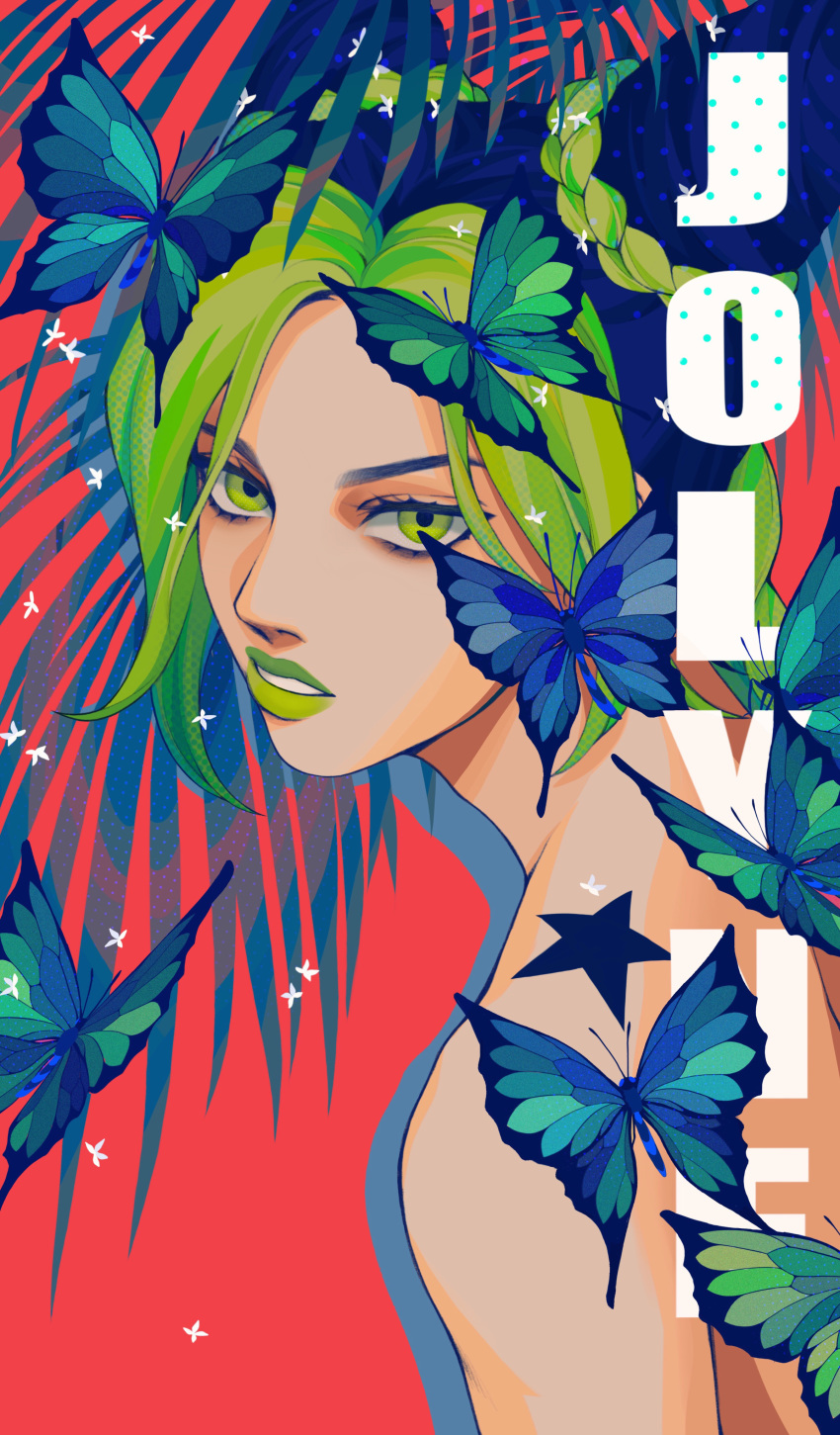 1girl 7nite absurdres bare_shoulders black_hair blue_butterfly braid braided_bun bug butterfly character_name double_bun green_butterfly green_eyes green_hair green_lipstick highres insect jojo_no_kimyou_na_bouken kuujou_jolyne lipstick makeup multicolored_hair red_background solo stone_ocean two-tone_hair upper_body