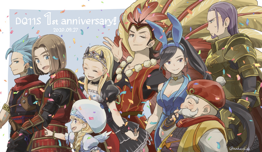 3girls 5boys alternate_costume angel_wings animal_ears anniversary armor bat_wings black_eyes black_hair blonde_hair blue_eyes blue_hair blush bracelet braid breastplate bunny_ears camus_(dq11) cape choker closed_eyes commentary confetti copyright_name dated demon_horns dragon_quest dragon_quest_xi dress earrings facial_hair feathers goatee greig_(dq11) grey_hair hand_gesture hand_up hat hero_(dq11) high_ponytail highres horns jewelry looking_at_another looking_back martina_(dq11) multiple_boys multiple_girls mustache nahoshi one_eye_closed pauldrons playboy_bunny pointing ponytail puffy_short_sleeves puffy_sleeves purple_hair row_(dq11) senya_(dq11) short_sleeves shoulder_armor spaulders spiked_hair sweatdrop sylvia_(dq11) tiara twin_braids twitter_username veronica_(dq11) wings wrist_cuffs