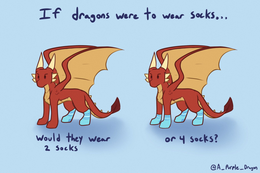 a_purple_dragon ambiguous_gender blue_background clothing dragon english_text feral footwear hi_res horn legwear legwear_only mostly_nude red_body red_scales scales simple_background socks socks_only solo text