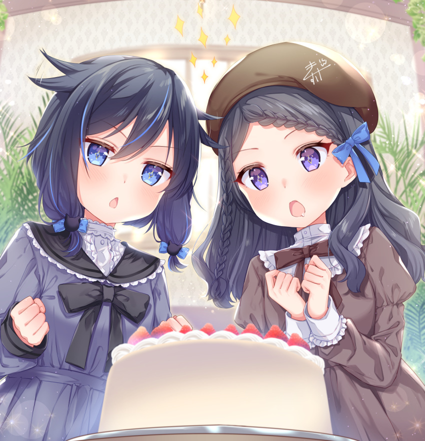 +_+ 2girls bangs beret black_hair black_sailor_collar blue_dress blue_eyes blue_hair blurry blurry_background bow braid braided_bangs brown_bow brown_dress brown_headwear cake chestnut_mouth commentary_request depth_of_field dress drooling expressive_hair eyebrows_visible_through_hair food fruit hair_between_eyes hair_flaps hands_up hat highres indoors juliet_sleeves kisukekun long_hair long_sleeves multicolored_hair multiple_girls open_mouth original parted_bangs pleated_dress puffy_sleeves purple_eyes sailor_collar sailor_dress saliva shirt signature sleeves_past_wrists sparkle standing strawberry streaked_hair white_shirt