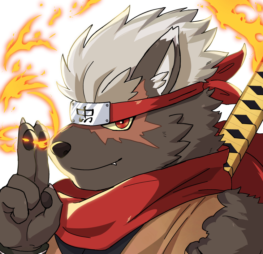 5_fingers absurd_res anthro canid canine canis claws clothed clothing domestic_dog elemental_manipulation fangs fingers fire fire_manipulation forehead_protector fur grey_body grey_fur hair hi_res looking_at_viewer lover_spot male mammal melee_weapon pawpads red_eyes scar scarf solo sword tadatomo tokyo_afterschool_summoners video_games weapon white_hair