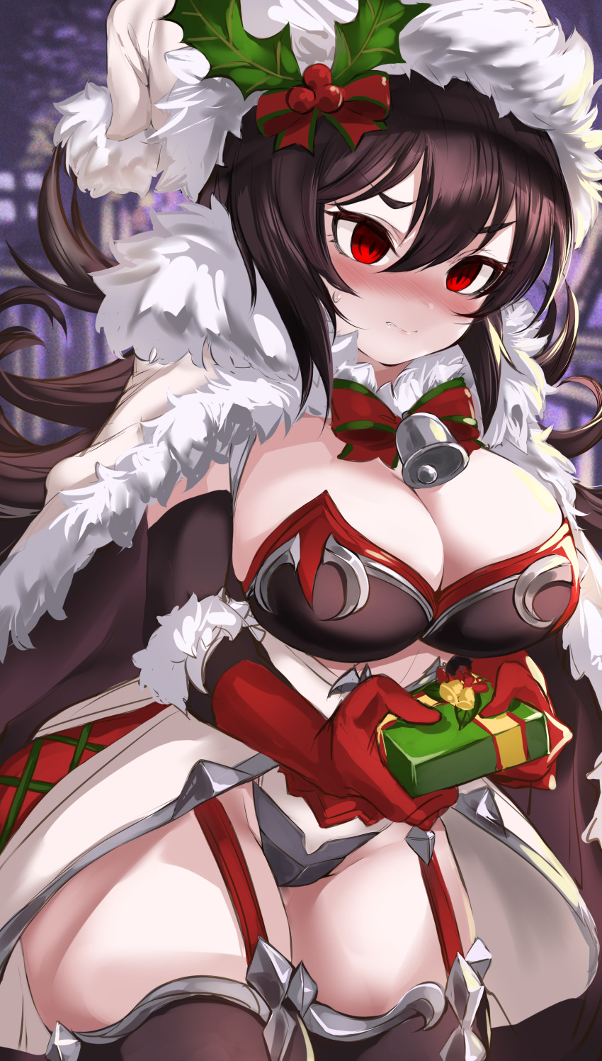 1girl absurdres bangs bell black_hair black_legwear blush box breasts cape cleavage closed_mouth elbow_gloves fur-trimmed_cape fur-trimmed_gloves fur-trimmed_headwear fur_trim garter_straps gift gift_box gloves hair_ornament hat highres holly holly_hair_ornament ilya_(princess_connect!) jingle_bell large_breasts layered_gloves leotard long_hair looking_at_viewer maou_(maoudaisukiya) princess_connect! princess_connect!_re:dive red_eyes red_gloves santa_hat thighhighs thighs white_cape white_gloves white_leotard