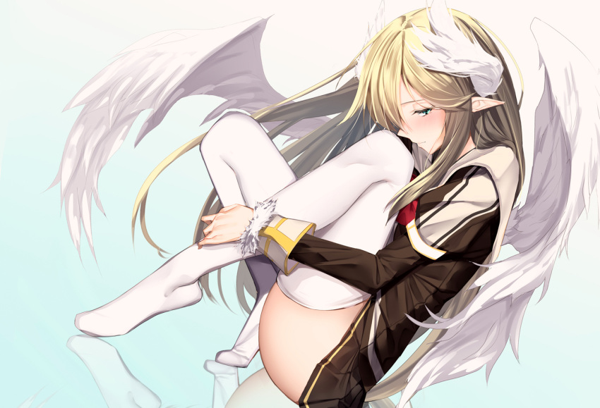 1girl angel_wings black_dress blonde_hair celestia_(totomono) character_request check_character dress from_side green_eyes ken_to_mahou_to_gakuen_mono looking_at_viewer no_shoes pallad pointy_ears simple_background solo tagme thighhighs white_background white_legwear wings