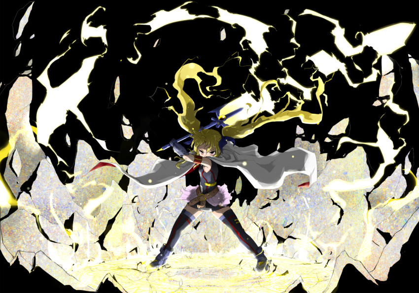 1girl armband arms_up ban_(777purin) bangs bardiche belt black_footwear black_legwear black_leotard blonde_hair boots brown_belt cape commentary debris electricity energy_sword fate_testarossa gauntlets holding holding_sword holding_weapon leotard long_hair looking_at_viewer lyrical_nanoha magical_girl mahou_shoujo_lyrical_nanoha mahou_shoujo_lyrical_nanoha_a's mahou_shoujo_lyrical_nanoha_the_movie_2nd_a's miniskirt over_shoulder pink_skirt pleated_skirt red_eyes skirt sleeveless standing sword thighhighs twintails very_long_hair weapon weapon_over_shoulder white_cape