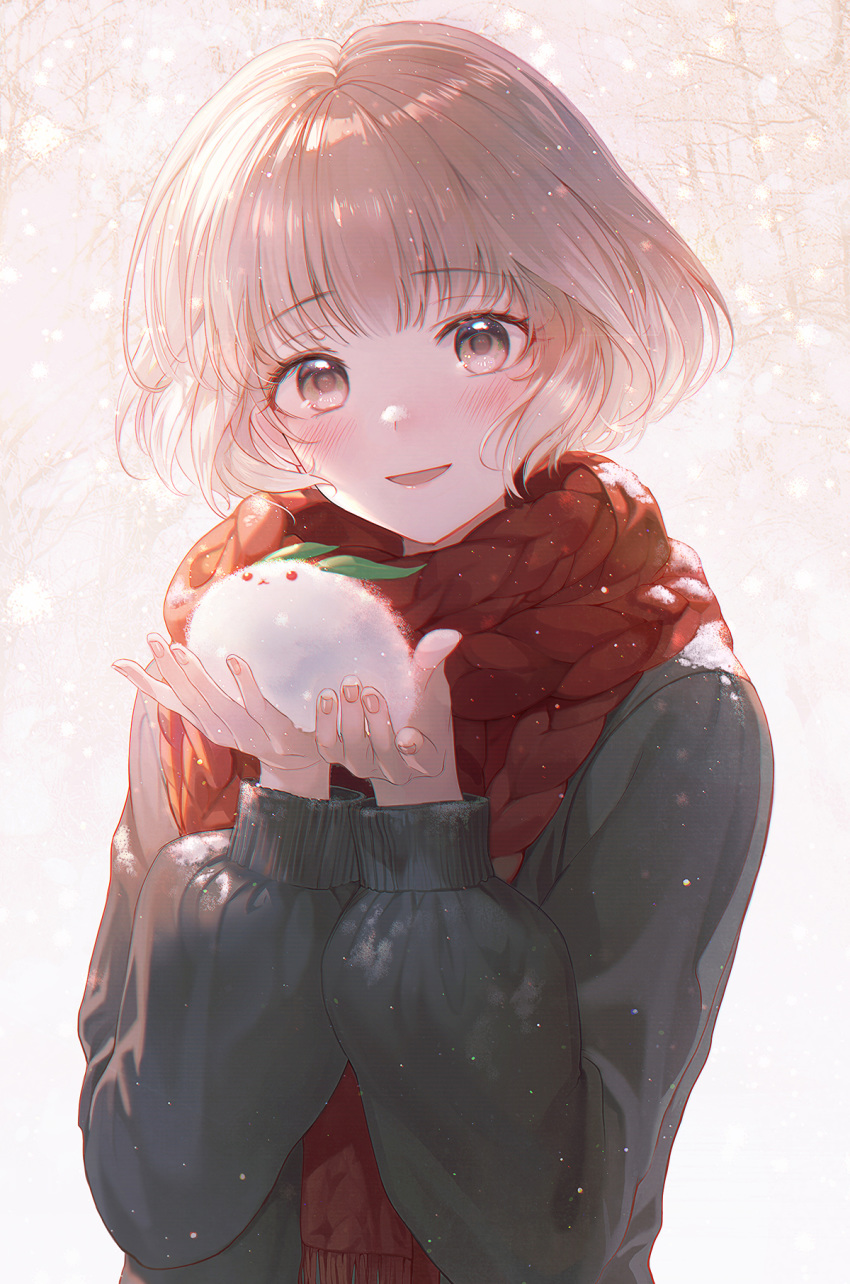 1girl brown_eyes cable_knit daby grey_sweater highres holding open_mouth original red_scarf scarf short_hair smile snow snow_bunny sweater tree