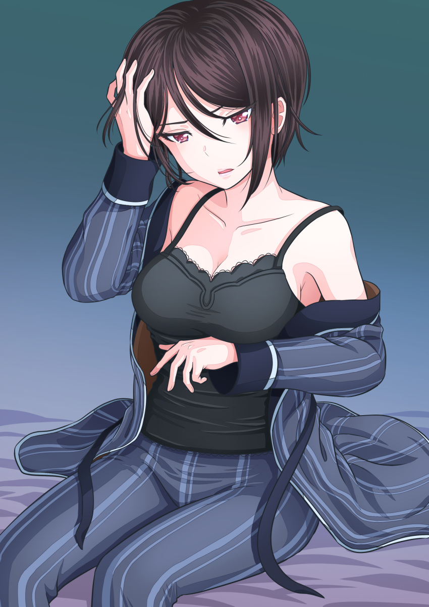 1girl asymmetrical_hair bang_dream! bangs bare_shoulders bed_sheet black_camisole black_hair blue_background blue_pajamas blue_pants breasts camisole cleavage collarbone commentary_request cowboy_shot eyebrows_behind_hair hair_between_eyes hand_on_own_head highres kitayu large_breasts long_sleeves looking_at_viewer off-shoulder_shirt off_shoulder open_pajamas pajamas pants parted_lips pink_eyes shirt short_hair simple_background single_sidelock sitting solo striped striped_shirt taut_clothes vertical-striped_pants vertical-striped_shirt vertical_stripes yashio_rui