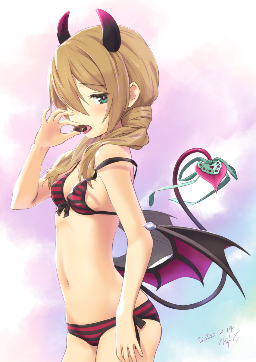 1girl alice_gear_aegis aqua_ribbon artist_name bikini black_bow bow breasts brown_hair chocolate cleavage commentary_request cowboy_shot dated demon_girl demon_horns demon_tail demon_wings eating errant gradient_horns green_eyes hair_over_one_eye highres horns kotomura_akane looking_at_viewer low_twintails low_wings multicolored_horns navel red_bikini ribbon side-tie_bikini signature small_breasts solo strap_slip striped striped_bikini swimsuit tail tail_ornament tail_ribbon tongue tongue_out twintails wings