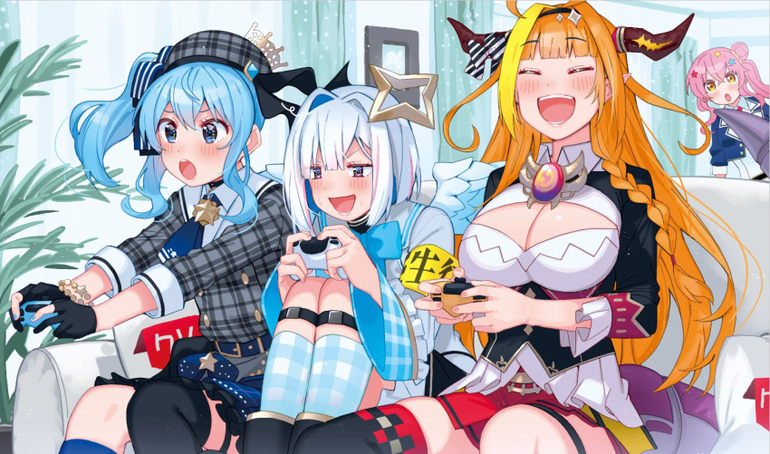 4girls ahoge amane_kanata anemachi angel_wings armband asymmetrical_hair asymmetrical_legwear bangs beret black_jacket black_legwear blonde_hair blue_choker blue_eyes blue_legwear blue_neckwear blue_skirt blunt_bangs blush bow bracelet braid breasts brooch checkered checkered_legwear choker cleavage cleavage_cutout clothing_cutout collared_shirt colored_inner_hair commentary controller couch crown diagonal-striped_bow dragon_horns dragon_tail eyebrows_visible_through_hair frilled_skirt frills game_controller grey_headwear grey_jacket grey_shirt hair_bun hair_ornament hairband halo hat holding holding_controller hololive horn_bow horns hoshimachi_suisei indoors jacket jewelry kiryuu_coco kneehighs knees_to_chest large_breasts laughing light_blue_hair long_hair medium_hair mini_crown miniskirt mismatched_legwear multicolored_hair multiple_girls necktie open_mouth orange_hair outstretched_arms pink_hair plaid_headwear plaid_jacket plant playing_games purple_eyes red_skirt sailor_collar shirt short_hair short_necktie side_braid side_ponytail silver_hair single_kneehigh single_thighhigh sitting skirt smile star_(symbol) star_hair_ornament star_in_eye streaked_hair sweatdrop symbol_in_eye tail thigh_strap thighhighs thighs tonarikeru two-tone_hair virtual_youtuber white_shirt wing_collar wings