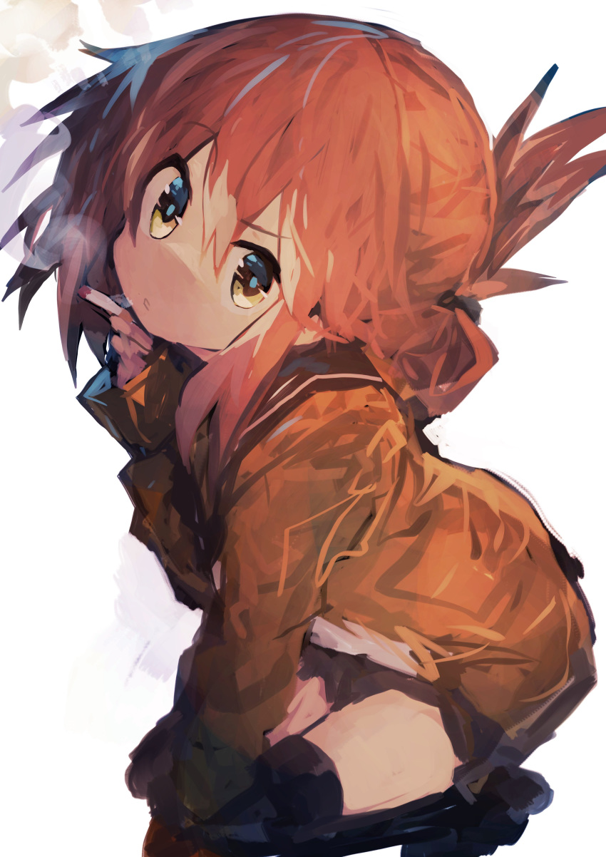 1girl absurdres bangs brown_hair brown_jacket cigarette commentary eyebrows_visible_through_hair folded_ponytail hair_between_eyes hand_on_own_knee highres holding inazuma_(kantai_collection) jacket kaamin_(mariarose753) kantai_collection looking_at_viewer out_of_character over-kneehighs sailor_collar sidelocks smoke smoking solo thighhighs uneven_eyes white_background yellow_eyes