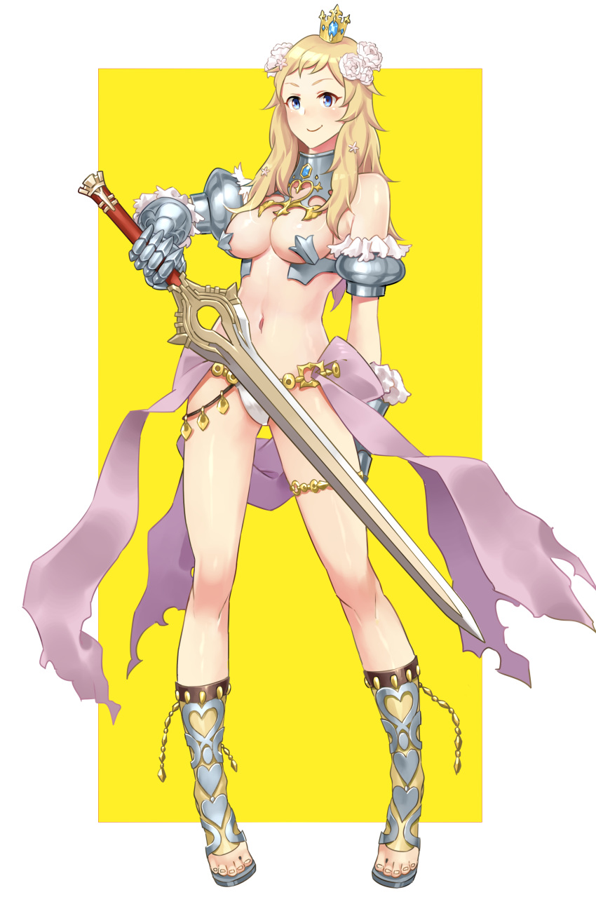 1girl absurdres alternate_costume blonde_hair blue_eyes breasts code_of_princess commission commissioner_upload cosplay falchion_(fire_emblem) fire_emblem fire_emblem_fates flower full_body hair_flower hair_ornament highres holding holding_weapon igni_tion looking_at_viewer medium_breasts ophelia_(fire_emblem) simple_background smile solange_blanchefleur_de_luxe solange_blanchefleur_de_luxe_(cosplay) solo weapon