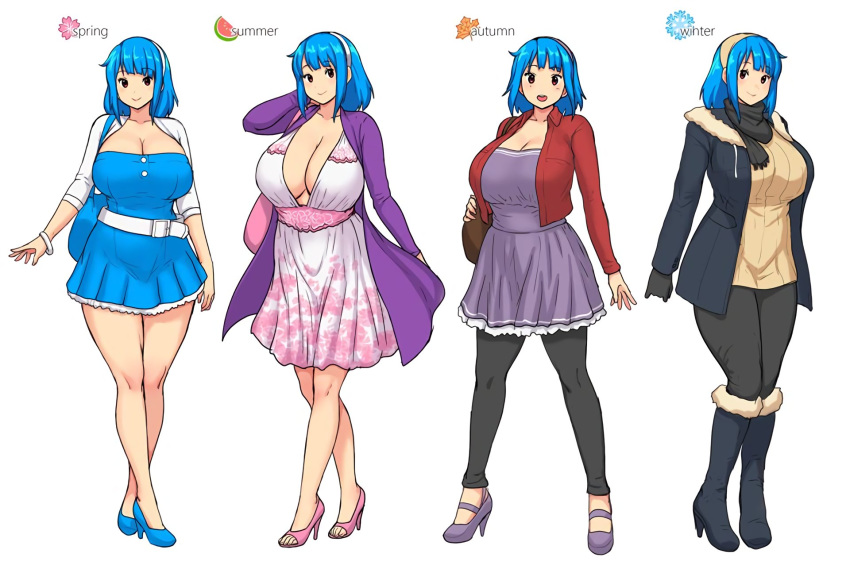 1girl autumn bangs blue_dress blue_hairband blue_jacket boots breasts brown_eyes cleavage dress english_commentary erkaz fur_trim gloves hairband high_heels highres huge_breasts jacket medium_hair open_mouth original pink_skirt red_jacket ribbed_sweater rina_atherina skirt smile spring_(season) summer sweater variations white_background white_gloves white_hairband winter