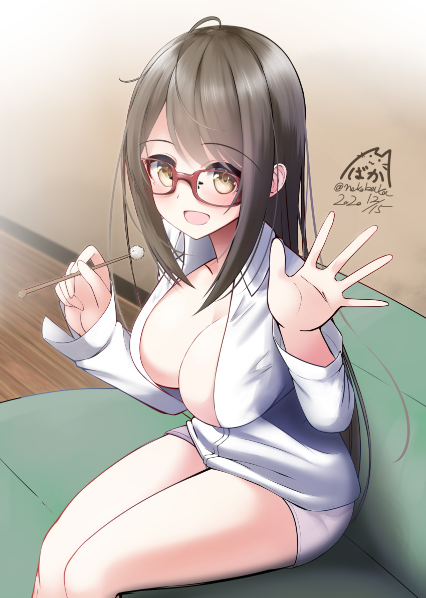 1girl :d bangs bare_legs blush breasts brown_eyes brown_hair chair cleavage collared_shirt commentary_request dated eyebrows_visible_through_hair glasses highres holding indoors large_breasts legs_together long_hair long_sleeves mimikaki nekobaka open_mouth original red-framed_eyewear shirt sidelocks signature sitting smile solo swept_bangs thighs white_shirt wooden_floor