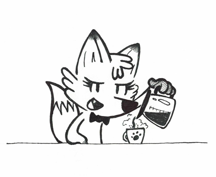 antoinette_(el_senor_erizo) beverage bow_tie canid canine coffee coffee_mug coffee_pot cute_fangs el_se&ntilde;or_erizo eyelashes female fox looking_at_viewer mammal monochrome simple_background smile solo traditional_media_(artwork) waiter