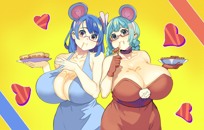 2girls absurdres animal_ears aqua_eyes aqua_hair bangs bare_shoulders between_breasts blue_dress borrowed_character braid breasts brown_eyes chinese_zodiac cleavage covered_navel dress dripping eating english_commentary eyebrows_visible_through_hair fake_animal_ears heart highres holding holding_plate honey huge_breasts looking_at_viewer meganeoppai mouse_ears multiple_girls original plate red_dress rina_atherina twin_braids year_of_the_rat