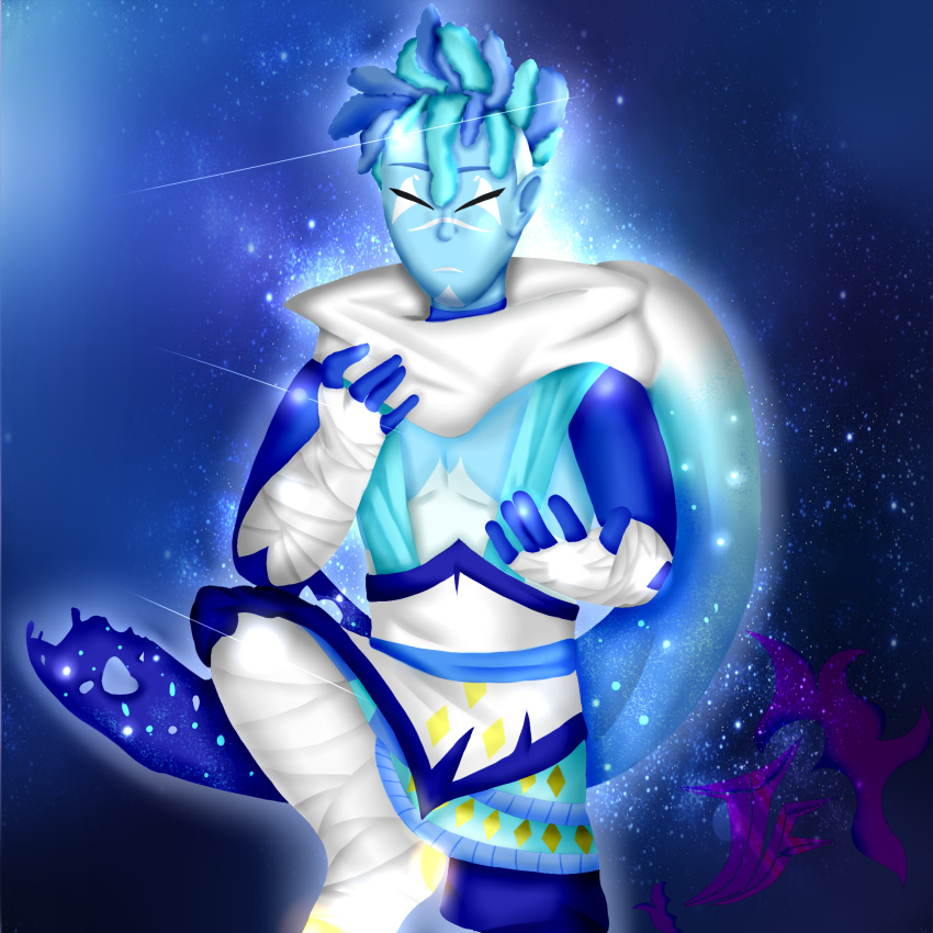 1:1 athletic athletic_male bandage bandaged_arm bandaged_feet bandaged_leg bare_chest bare_chested blue_body blue_hair blue_skin celestial_being clothed clothing cosmic_background eyes_closed facial_markings galaxy glowing hair head_markings hi_res human humanoid illustration jflare205 long_scarf male mammal markings relaxing scarf slim solo star waistband