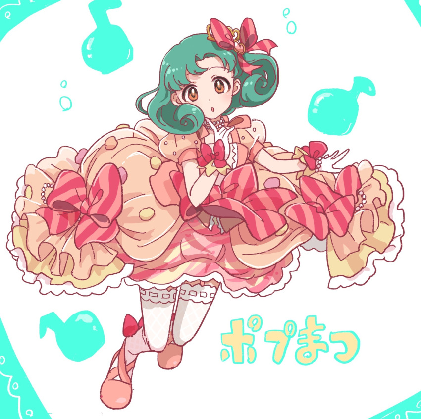 1girl ballet_slippers bangs blush bow dress eighth_note glove_bow gloves green_hair hair_bow highres idol idolmaster idolmaster_million_live! idolmaster_pop_links looking_at_viewer musical_note open_mouth orange_dress orange_eyes puffy_short_sleeves puffy_sleeves red_bow short_hair short_sleeves simple_background solo thighhighs toggp tokugawa_matsuri white_background white_gloves white_legwear