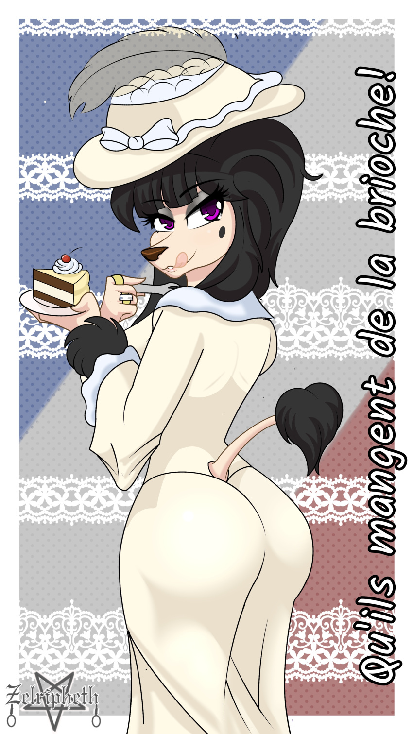 18th_century 9:16 absurd_res alys_faiblesse_(zelripheth) anthro arm_tuft beauty_mark big_butt black_eyeshadow black_hair bow breasts butt cake canid canine canis cherry classy clothed clothing cutlery dessert domestic_dog dress eyeshadow feathers female fluffy_ears food fork french_text fruit hair hat headgear headwear hi_res jewelry kitchen_utensils lace looking_at_viewer makeup mammal plant poodle purple_eyes rear_view ring side_boob simple_background smile smirk tail_tuft text tongue tools tuft wrist_tuft zelripheth