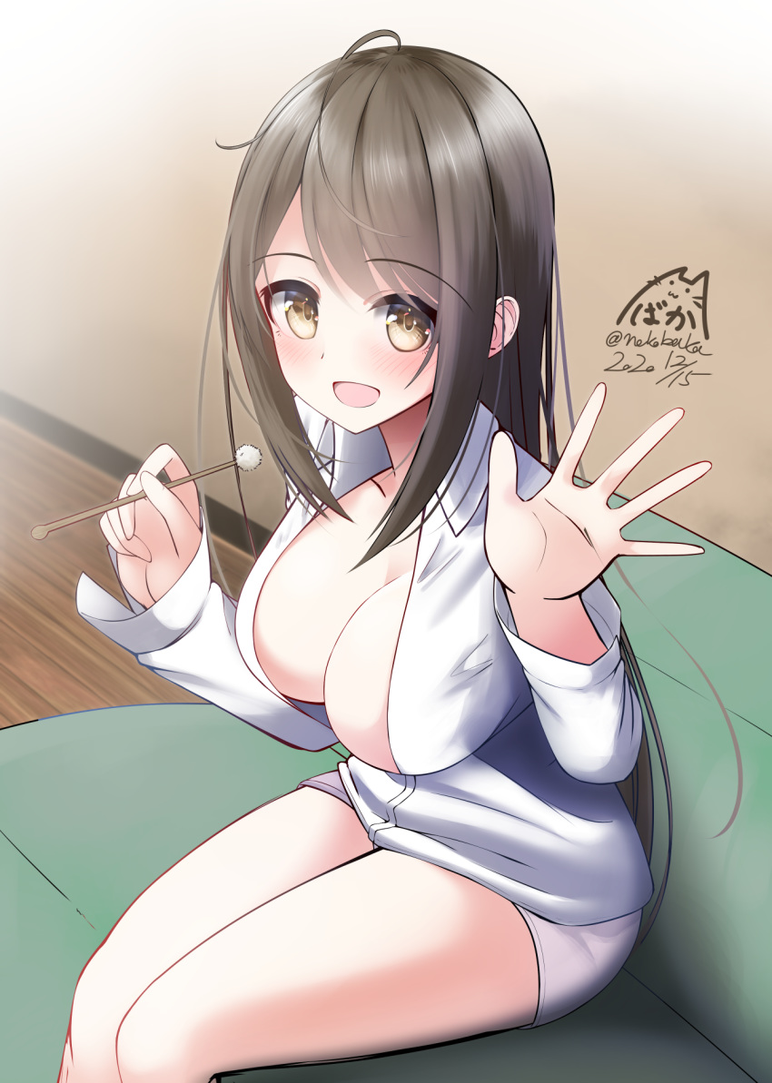 1girl :d bangs bare_legs blush breasts brown_eyes brown_hair chair cleavage collared_shirt commentary_request dated eyebrows_visible_through_hair highres holding indoors large_breasts legs_together long_hair long_sleeves mimikaki nekobaka open_mouth original shirt sidelocks signature sitting smile solo swept_bangs thighs white_shirt wooden_floor