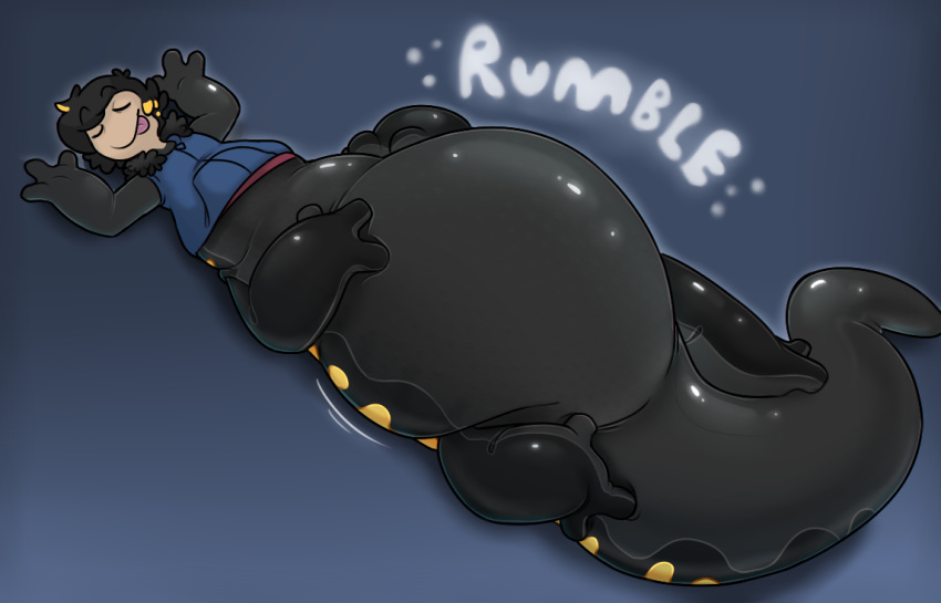 2019 after_vore ambiguous_gender amphibian belly big_belly black_body black_hair clothing denaturedalbumin hair humanoid jacket lying monstrous_humanoid multi_limb overweight overweight_ambiguous salamander_(amphibian) simple_background solo spots taur text topwear vore yellow_spots