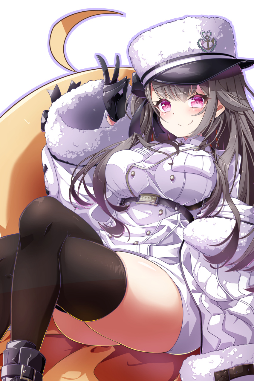 1girl :d absurdres anchor_symbol azur_lane bangs black_bow black_footwear black_gloves black_hair black_legwear blush boots bow breast_pocket breasts closed_mouth coat coat_dress collared_dress commentary cowboy_shot crossed_legs dress eyebrows_visible_through_hair fang fur-trimmed_coat fur_trim gloves hair_between_eyes hair_bow hand_up hat highres knee_boots large_breasts leer.meer long_hair long_sleeves looking_at_viewer manjuu_(azur_lane) off-shoulder_coat one_side_up open_mouth padded_coat pamiat_merkuria_(azur_lane) pocket purple_eyes short_dress sidelocks simple_background sitting skin_fang skindentation smile solo swept_bangs thighhighs underbust v white_background white_coat white_headwear
