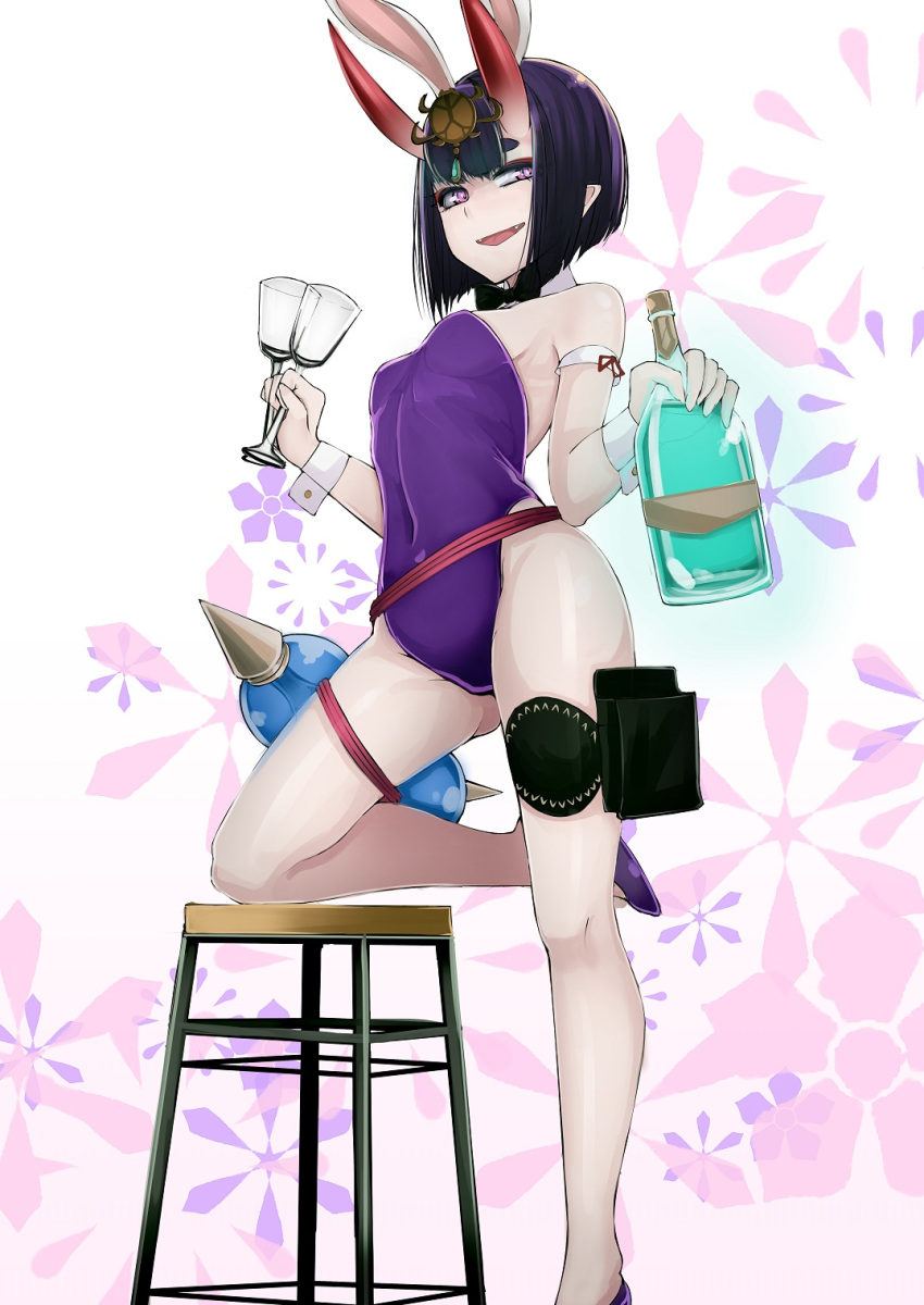 1girl alcohol animal_ears b.d bare_legs bare_shoulders black_neckwear bob_cut bottle bow bowtie breasts bunny_ears commentary covered_navel cup detached_collar drinking_glass fake_animal_ears fangs fate/grand_order fate_(series) gourd headpiece highres horns leg_up leotard narrowed_eyes oni_horns open_mouth playboy_bunny pointy_ears purple_eyes purple_footwear purple_hair purple_leotard short_hair shuten_douji_(fate/grand_order) skin-covered_horns small_breasts smile smug solo standing standing_on_one_leg thick_eyebrows wine_bottle wine_glass wrist_cuffs