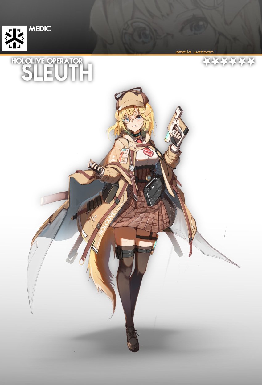 1girl absurdres animal_ears arknights blonde_hair blue_eyes character_name copyright_name dog_ears dog_tail english_commentary fingerless_gloves gloves gun highres holding holding_gun holding_weapon hololive hololive_english id_card kemonomimi_mode monocle parody plaid plaid_skirt redesign shirt_tucked_in skirt smile solo star_(symbol) style_parody suiiryu tail thigh_strap thighhighs watson_amelia weapon