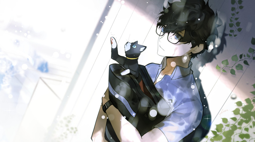 1boy amamiya_ren animal bag bangs black_cat black_eyes black_hair btmr_game cat glasses hair_between_eyes highres male_focus morgana_(persona_5) persona persona_5 plant rain school_bag school_uniform shirt short_sleeves shuujin_academy_uniform signature upper_body white_shirt