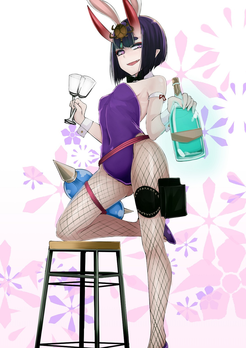 1girl alcohol animal_ears b.d bare_shoulders black_neckwear bob_cut bottle bow bowtie breasts bunny_ears commentary covered_navel cup detached_collar drinking_glass fake_animal_ears fangs fate/grand_order fate_(series) fishnet_legwear fishnets gourd headpiece highres horns leg_up leotard narrowed_eyes oni_horns open_mouth playboy_bunny pointy_ears purple_eyes purple_footwear purple_hair purple_leotard short_hair shuten_douji_(fate/grand_order) skin-covered_horns small_breasts smile smug solo standing standing_on_one_leg thick_eyebrows wine_bottle wine_glass wrist_cuffs