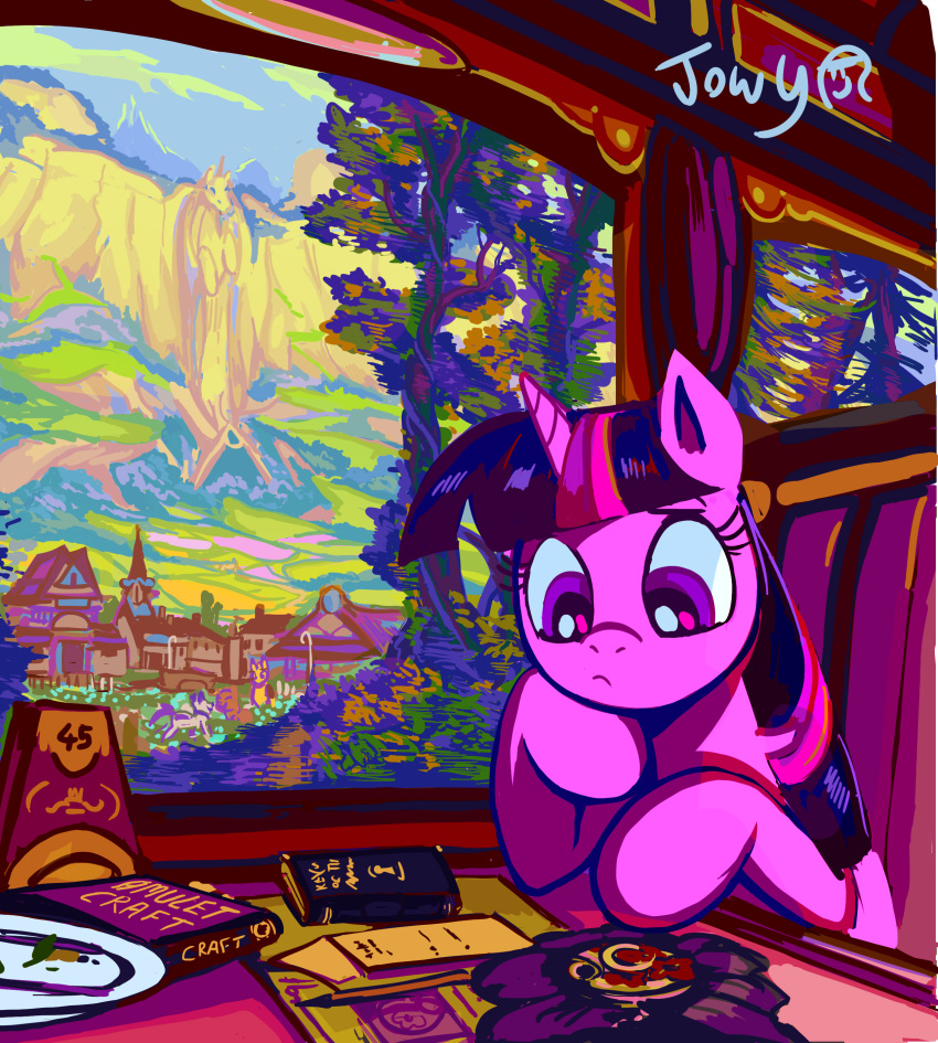 absurd_res equid equine female friendship_is_magic hair hasbro hi_res horn inside jowybean mammal my_little_pony purple_eyes purple_hair sculpture sitting solo statue town train_carriage twilight_sparkle_(mlp) unicorn window