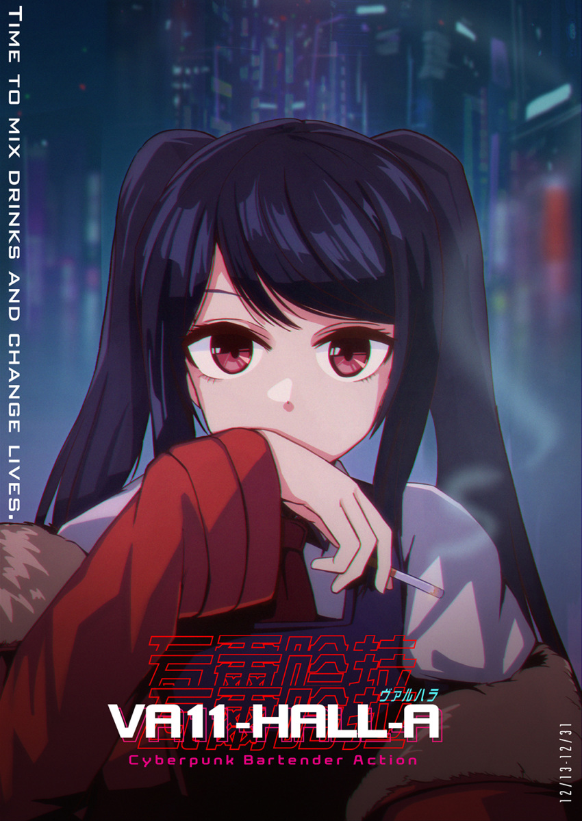 1girl bangs bartender cigarette copyright_name dated english_text fur-trimmed_jacket fur_trim highres holding holding_cigarette jacket jill_stingray kutouten_(kutoten910) long_hair long_sleeves looking_at_viewer necktie open_clothes open_jacket purple_hair red_eyes red_jacket red_neckwear solo twintails va-11_hall-a vest