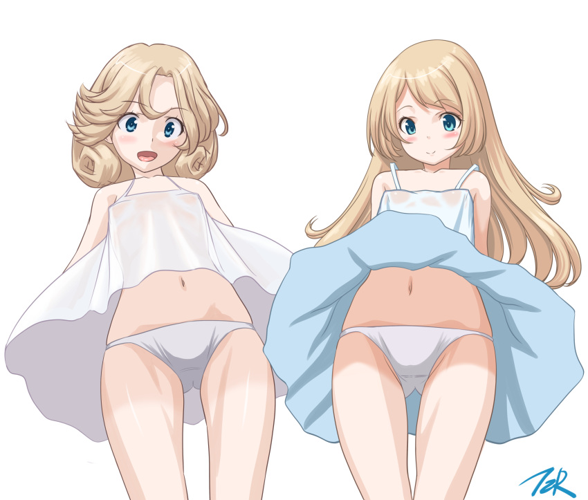 alternate_costume artist_logo ass_visible_through_thighs bangs blonde_hair blue_eyes commentary_request cowboy_shot dress flat_chest from_below highres janus_(kantai_collection) kantai_collection looking_at_viewer panties parted_bangs see-through short_hair t2r underwear white_dress white_panties