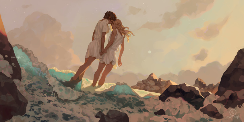 2boys absurdres achilles_(mythology) artist_name awanqi cloud cloudy_sky greek_mythology highres long_hair multiple_boys patroclus_(mythology) rock short_hair sky the_song_of_achilles toga water waves wide_shot wind yaoi