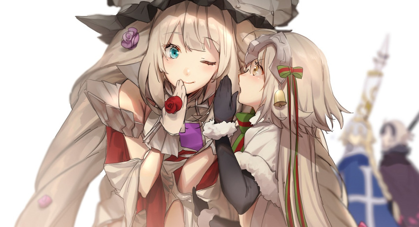 4girls ;) banner black_coat black_gloves blonde_hair blue_coat blue_eyes blurry blurry_background bow braid braided_ponytail capelet child closed_mouth coat fate/grand_order fate_(series) flower fur-trimmed_capelet fur-trimmed_coat fur-trimmed_gloves fur_trim gloves grey_headwear hair_bow hair_flower hair_ornament headpiece holding jeanne_d'arc_(alter)_(fate) jeanne_d'arc_(fate) jeanne_d'arc_(fate)_(all) jeanne_d'arc_alter_santa_lily leaning_forward long_hair looking_back marie_antoinette_(fate/grand_order) multiple_girls no-kan one_eye_closed ponytail purple_flower silver_hair smile striped striped_bow very_long_hair white_capelet white_gloves yellow_eyes