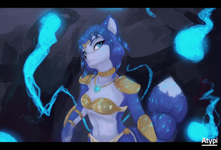 2020 anthro armor atypi black_nose blue_eyes blue_hair breasts canid canine cheek_tuft clothing eyebrows eyelashes facial_tuft fox fur hair head_tuft jewelry krystal mammal navel necklace nintendo short_hair signature solo star_fox tuft video_games white_body white_fur white_inner_ear