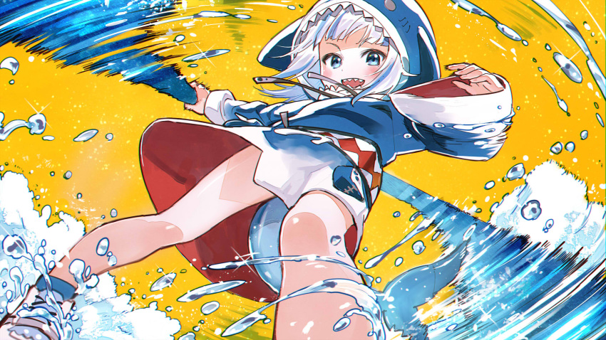 1girl animal_hood bare_legs blue_eyes blue_hair blue_hoodie blush commentary cross-laced_footwear droplet fish_tail from_below gawr_gura highres holding holding_weapon hololive hololive_english hood hoodie looking_at_viewer medium_hair motion_blur multicolored_hair open_mouth orange_background polearm sakino_shingetsu shark_hood shark_tail sharp_teeth shoes silver_hair simple_background smile sneakers solo splashing streaked_hair tail teeth trident two-tone_hair virtual_youtuber water weapon white_footwear