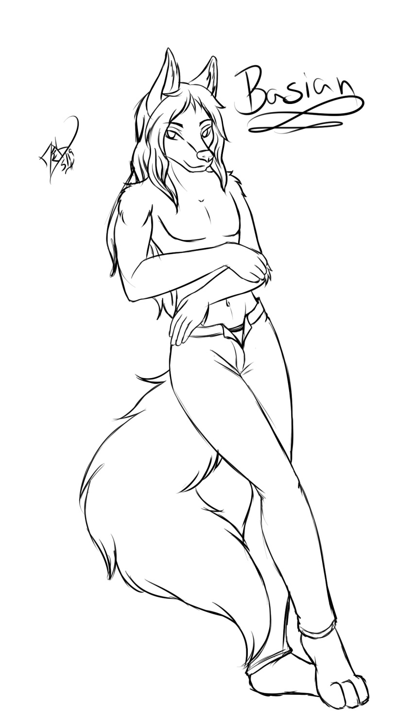 anthro bare_chest basian bluhellwulf bottomwear canid canine canis clothing domestic_dog hair hi_res husky leaning long_hair male mammal monochrome nordic_sled_dog pants sketch solo spitz