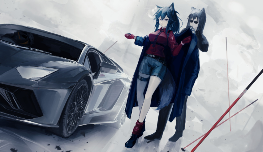 2girls absurdres animal_ears arknights black_jacket black_neckwear black_shorts blue_hair boots car cigarette gloves ground_vehicle highres jacket motor_vehicle multiple_girls official_alternate_costume red_gloves red_shirt red_skirt shirt short_hair shorts skirt smoke smoking sports_car striped sunglasses sword texas_(arknights) texas_(willpower)_(arknights) timitarcat vertical-striped_shorts vertical_stripes weapon wolf_ears wolf_girl