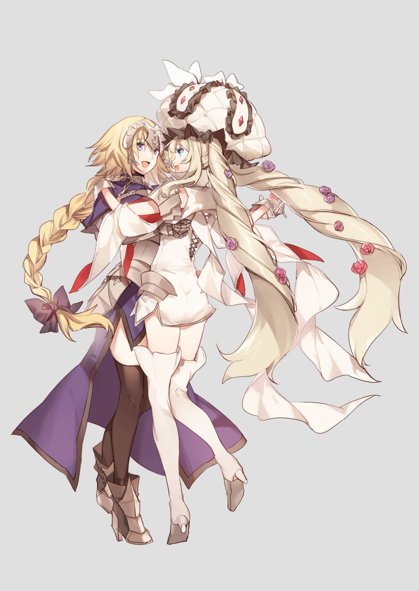2girls :d armor armored_dress black_bow black_legwear blonde_hair blue_dress blue_eyes boots bow braid braided_ponytail chain dancing dress eye_contact fate/grand_order fate_(series) faulds flower full_body gloves grey_background hair_bow hair_flower hair_ornament hand_on_another's_shoulder hat headpiece high_heels highres holding_hands jeanne_d'arc_(fate) jeanne_d'arc_(fate)_(all) long_hair looking_at_another marie_antoinette_(fate/grand_order) multiple_girls no-kan open_mouth pink_flower pink_rose ponytail purple_flower purple_rose rose short_dress silver_hair simple_background smile standing thigh_boots thighhighs very_long_hair white_dress white_footwear white_gloves white_headwear