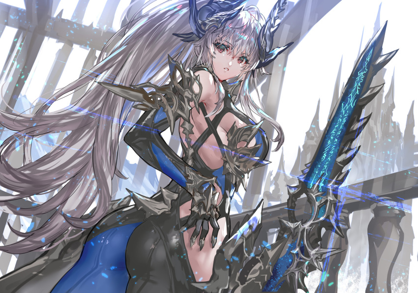 1girl ass back bangs bodysuit breasts highres horns long_hair looking_at_viewer original parted_lips ponytail purple_eyes ran'ou_(tamago_no_kimi) silver_hair solo sword very_long_hair weapon
