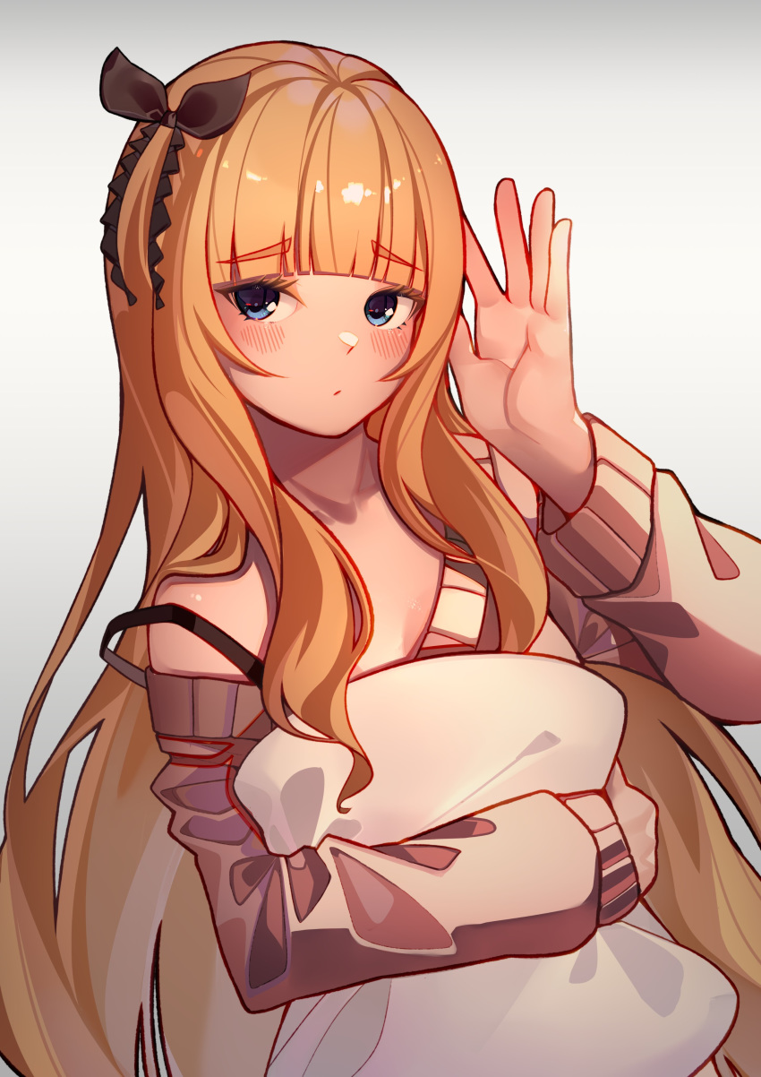 1girl absurdres bangs black_bow blonde_hair blue_eyes blunt_bangs blush bow eyebrows_visible_through_hair fuyuki_ringo gradient gradient_background hair_bow hand_to_head highres holding holding_pillow juliet_persia kishuku_gakkou_no_juliet long_hair looking_to_the_side off-shoulder_sweater off_shoulder pillow solo sweater very_long_hair