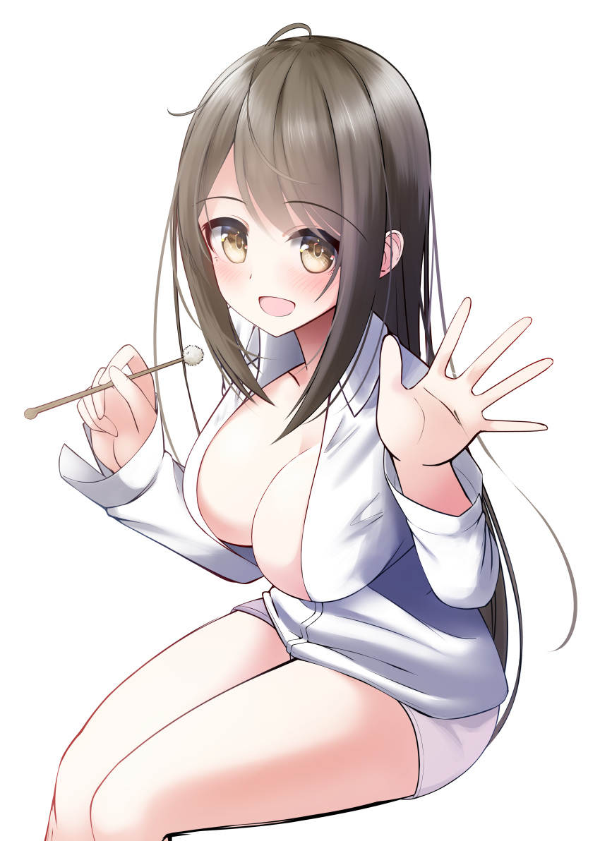 1girl :d absurdres bangs bare_legs blush breasts brown_eyes brown_hair cleavage collared_shirt dated eyebrows_visible_through_hair highres holding large_breasts legs_together long_hair long_sleeves mimikaki nekobaka open_mouth original shirt short_shorts shorts sidelocks simple_background sitting smile solo swept_bangs thighs white_background white_shirt white_shorts