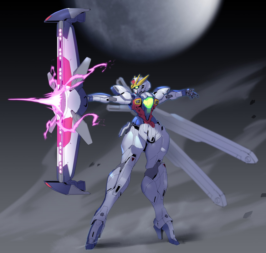 absurdres after_war_gundam_x glowing glowing_eyes green_eyes gundam gundam_x_divider highres holding holding_weapon mecha moon no_humans open_hand redesign science_fiction solo v-fin weapon zhu_fun