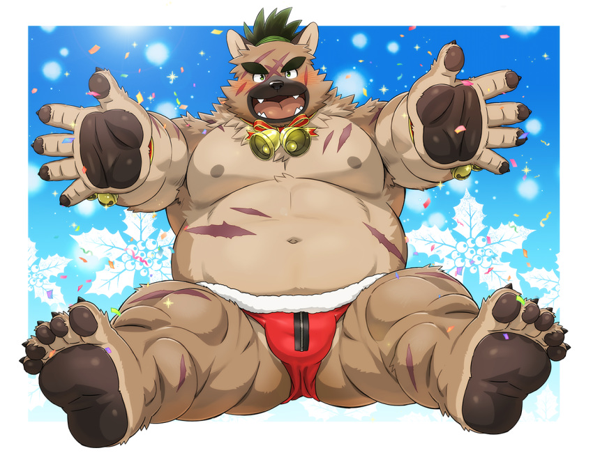 2020 anthro belly brown_body brown_fur bulge canid canine canis christmas clothing domestic_dog fur holidays humanoid_hands kemono male mammal moobs navel nipples overweight overweight_anthro overweight_male rossciaco scar solo tokyo_afterschool_summoners underwear video_games yasuyori