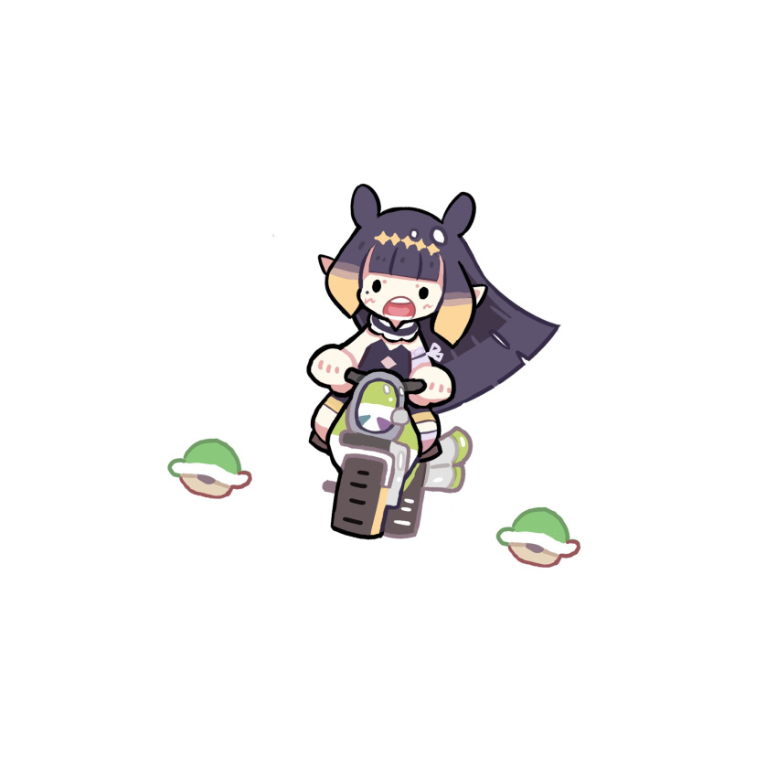 1girl black_eyes chibi clenched_hands floating_hair green_shell ground_vehicle highres hololive hololive_english mario_(series) mario_kart mole mole_under_eye motor_vehicle motorcycle ninomae_ina'nis open_mouth pointy_ears riding solo takeru_(hashiru11275) tentacle_hair virtual_youtuber white_background