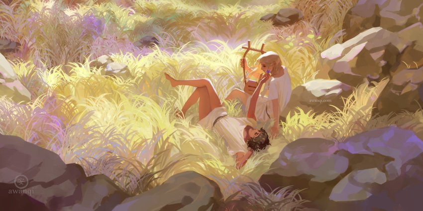 2boys achilles_(mythology) awanqi bare_legs barefoot blonde_hair brown_hair crossed_legs day grass greek_mythology highres long_hair lying lyre multiple_boys on_back outdoors patroclus_(mythology) rock short_hair short_sleeves sitting the_song_of_achilles toga yaoi