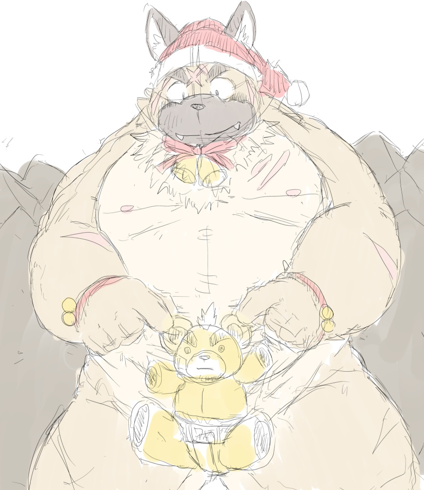 2020 anthro ashigara belly canid canine canis christmas christmas_clothing christmas_headwear clothing domestic_dog hat headgear headwear hi_res holidays hottophoto humanoid_hands kemono male mammal nipples overweight overweight_anthro overweight_male plushie santa_hat scar solo tokyo_afterschool_summoners video_games yasuyori