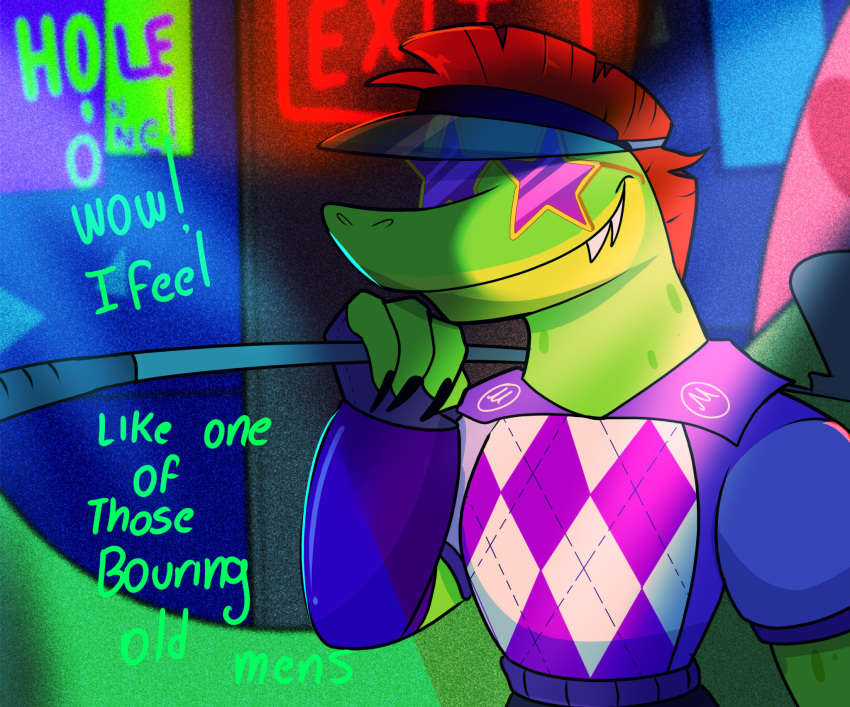 ! 2020 4_fingers alligator alligatorid anthro black_claws claws clothing crocodilian dialogue english_text exit exit_sign eyewear fingers five_nights_at_freddy's five_nights_at_freddy's:_security_breach glasses gloves golf golf_club golf_course green_body green_nose green_skin hair handwear headgear hi_res holding_object inside male mobox87 mohawk montgomery_gator_(fnaf) portrait red_hair reptile scalie sharp_claws sharp_teeth shirt short_hair smile solo sport standing star star_glasses teeth text topwear video_games visor yellow_body yellow_skin