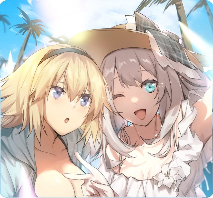 2girls ;d bangs black_hairband blue_eyes bow breasts cleavage collarbone eyebrows_visible_through_hair fate/grand_order fate_(series) grey_bow grey_jacket hair_between_eyes hairband hat hat_bow hood hood_down hooded_jacket jacket jeanne_d'arc_(fate)_(all) jeanne_d'arc_(swimsuit_archer) looking_at_viewer marie_antoinette_(fate/grand_order) marie_antoinette_(swimsuit_caster)_(fate) medium_breasts multiple_girls no-kan one_eye_closed open_clothes open_jacket open_mouth outdoors palm_tree plaid plaid_bow small_breasts smile summer sun_hat tree upper_body